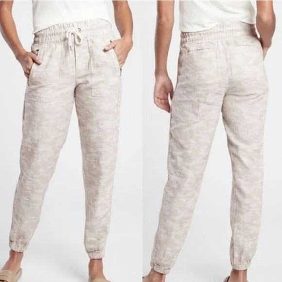 Athleta Cabo Tide Linen Jogger Women's Size 0 Natural Camo High Rise Zip Pockets - Picture 1 of 9